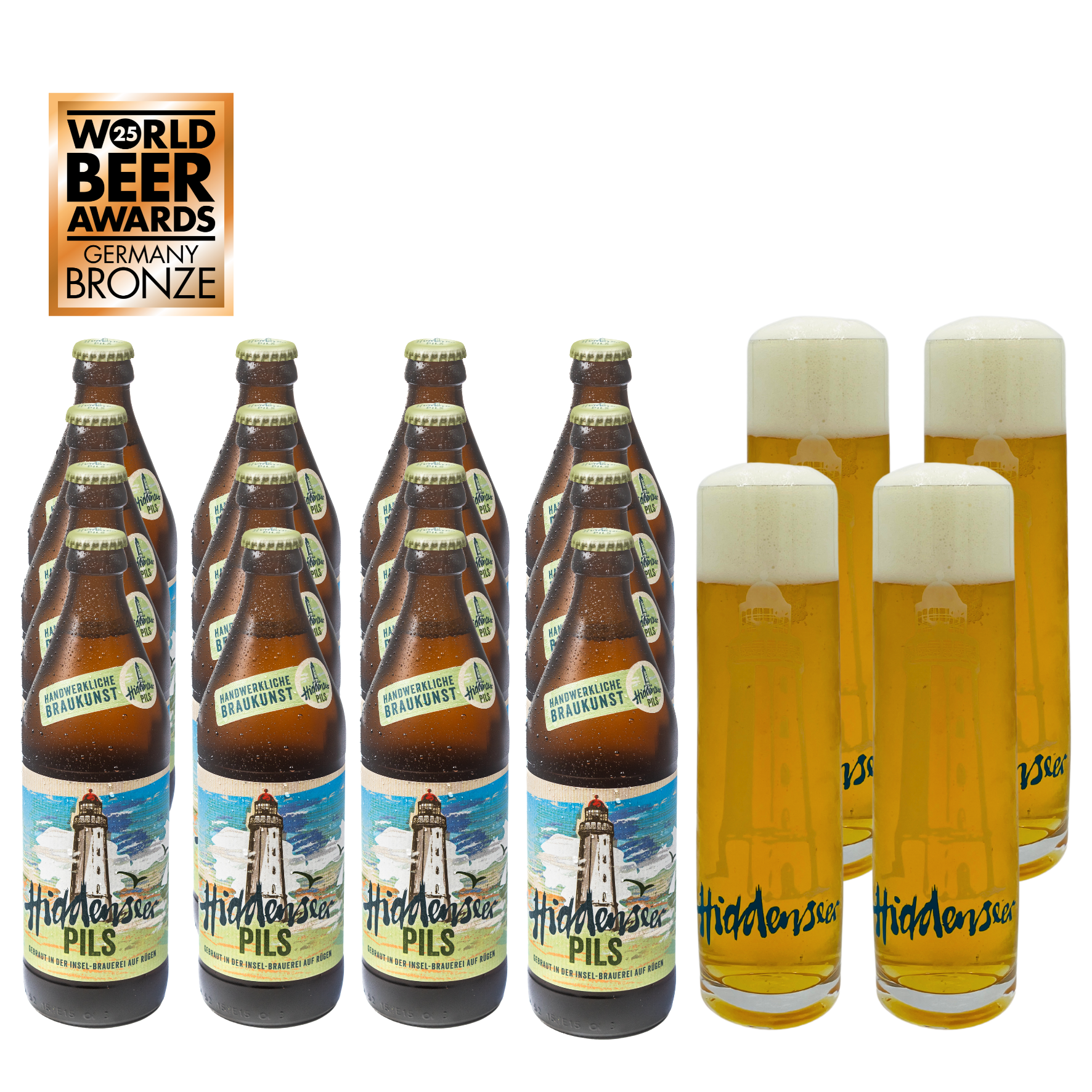 Hiddenseer Pils with 4 glasses Hiddenseer Pils with 4 glasses