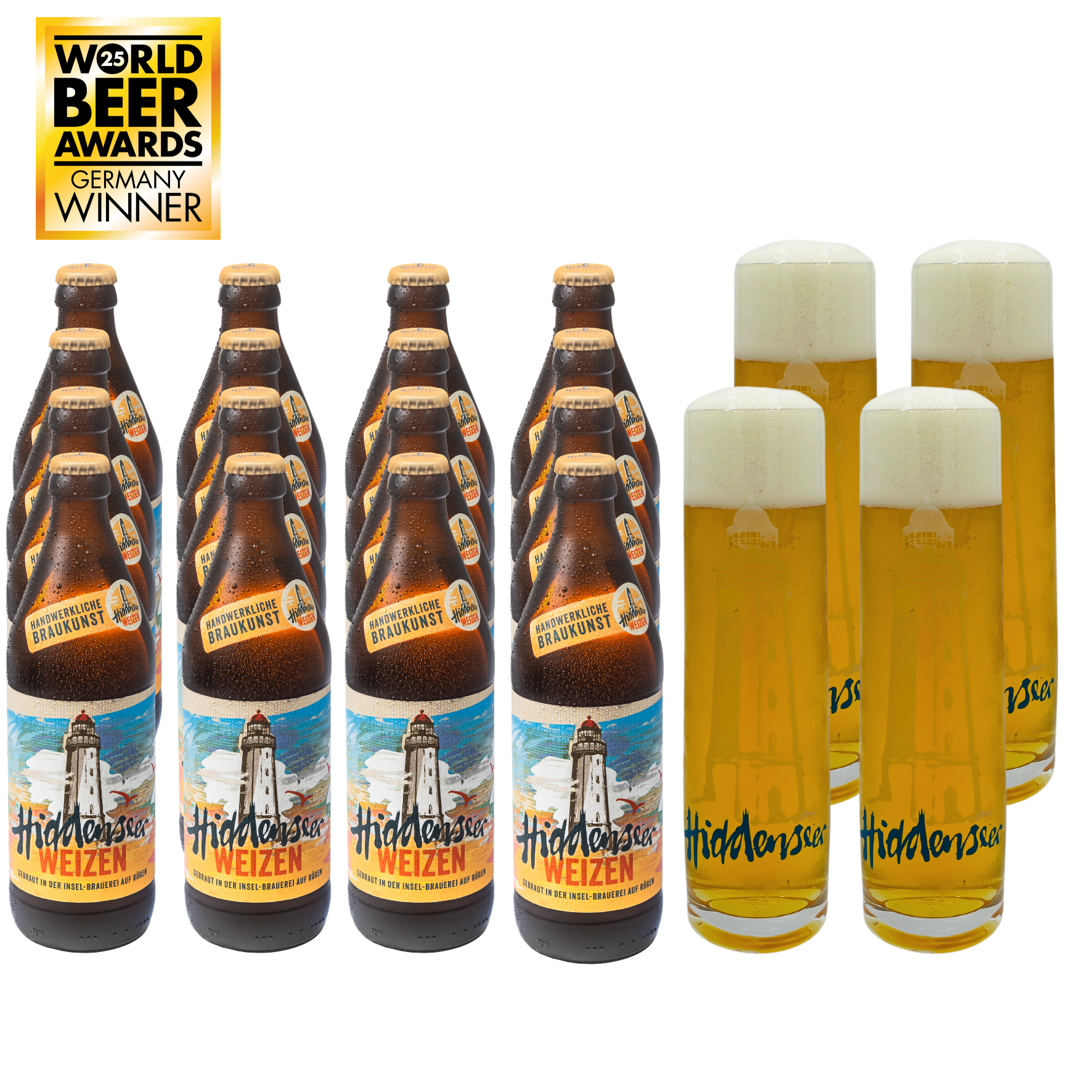 Hiddenseer Weizen with 4 glasses Hiddenseer Weizen with 4 glasses