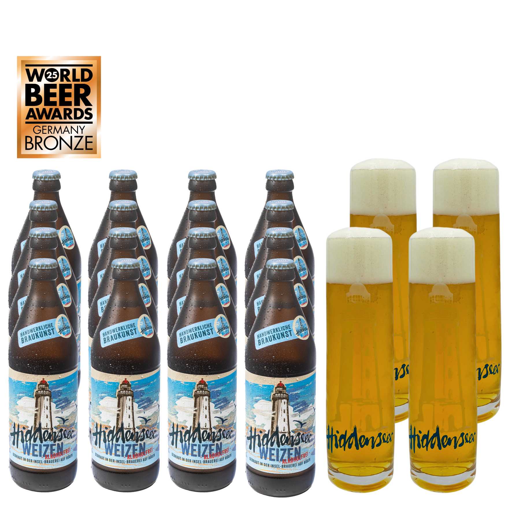 Hiddenseer Weizen alcoholfree with 4 glasses Hiddenseer Weizen alcoholfree with 4 glasses