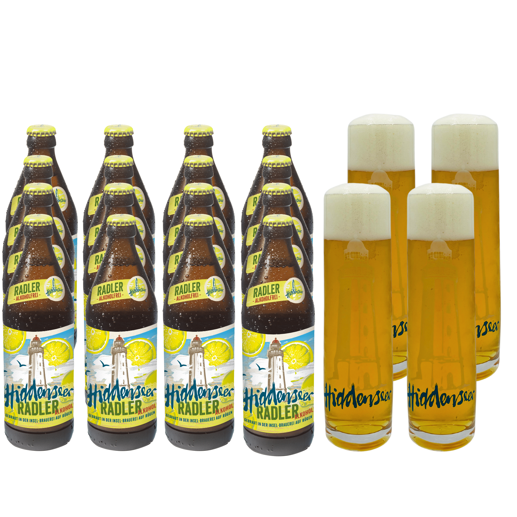 Hiddenseer Radler alcoholfreee with 4 glasses Hiddenseer Radler alcoholfreee with 4 glasses